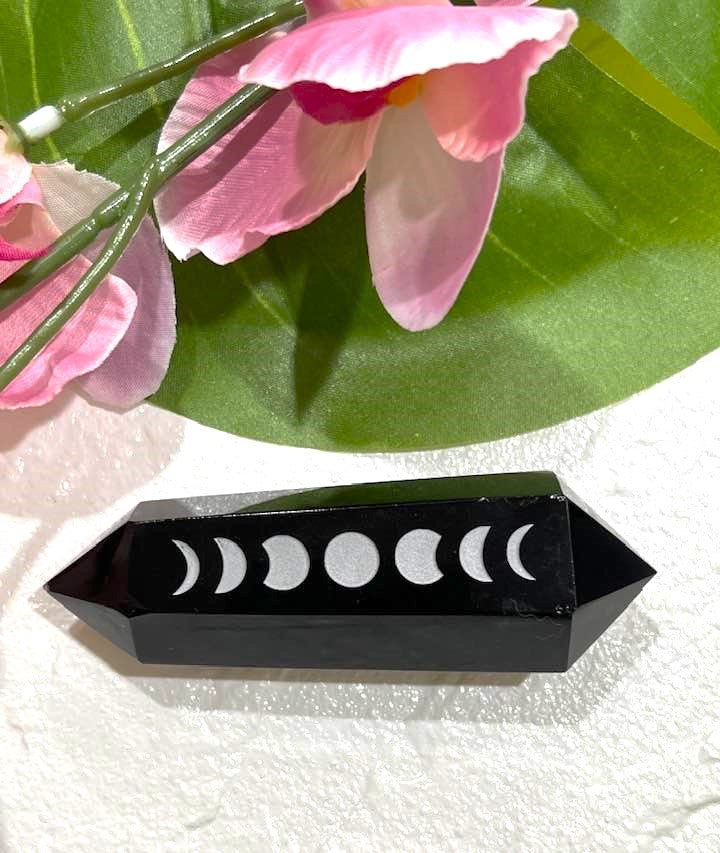 Black Obsidian Double Terminated Wand with Silver Moon Phases