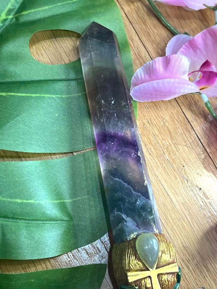 Rainbow Fluorite Ankh Wand 11"