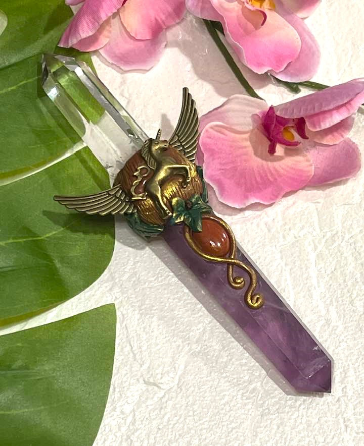 Purple Fluorite and Clear Quartz Winged Unicorn Wand 7.5"