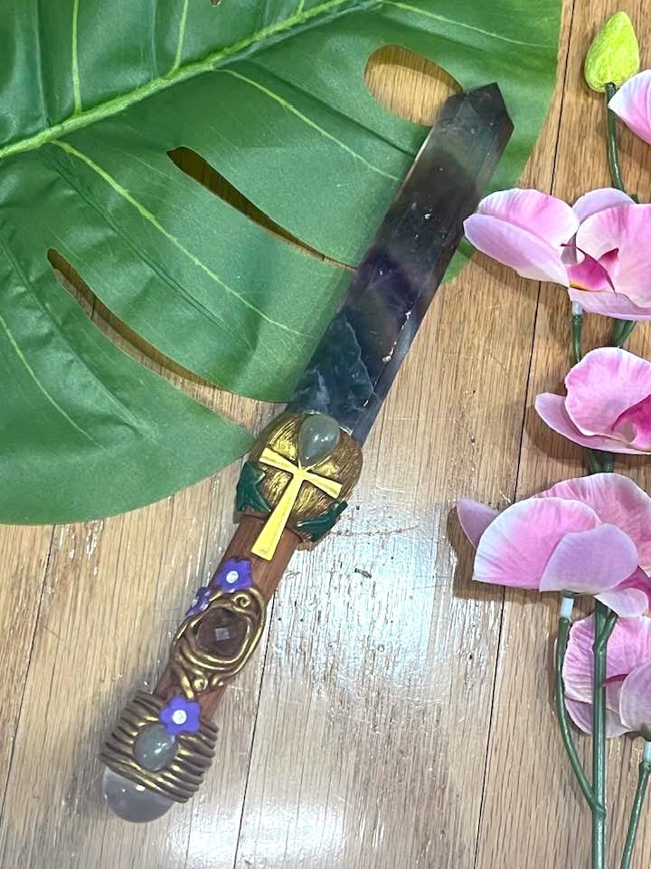 Rainbow Fluorite Ankh Wand 11"