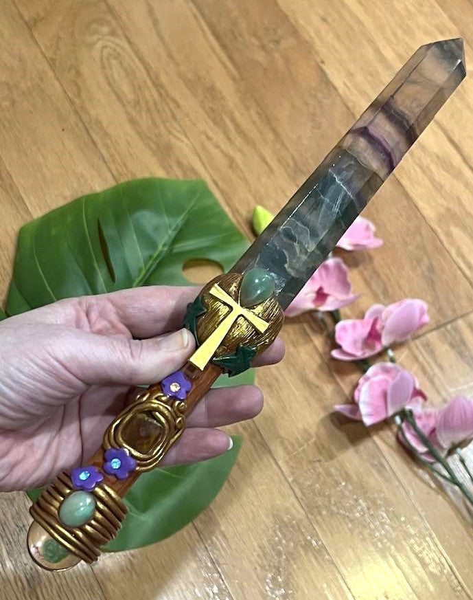 Rainbow Fluorite Ankh Wand 11"