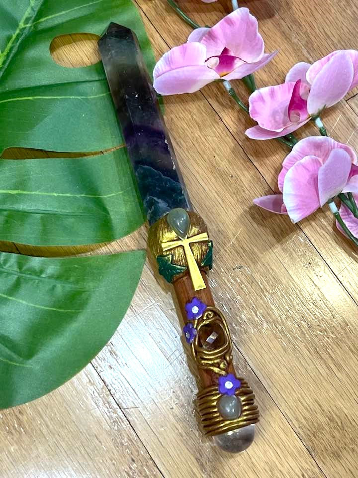 Rainbow Fluorite Ankh Wand 11"