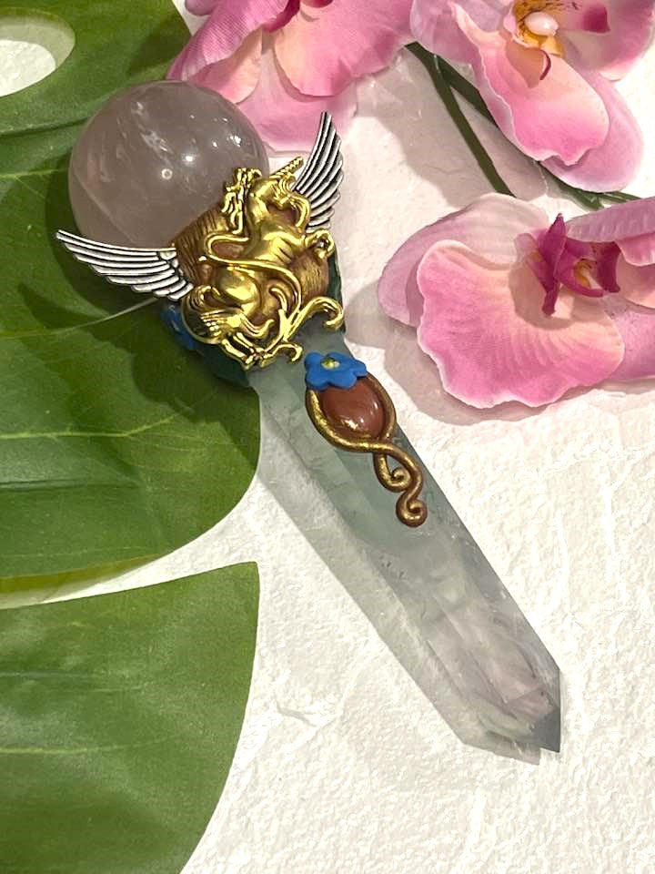 Rose Quartz and Fluorite Winged Unicorn Wand