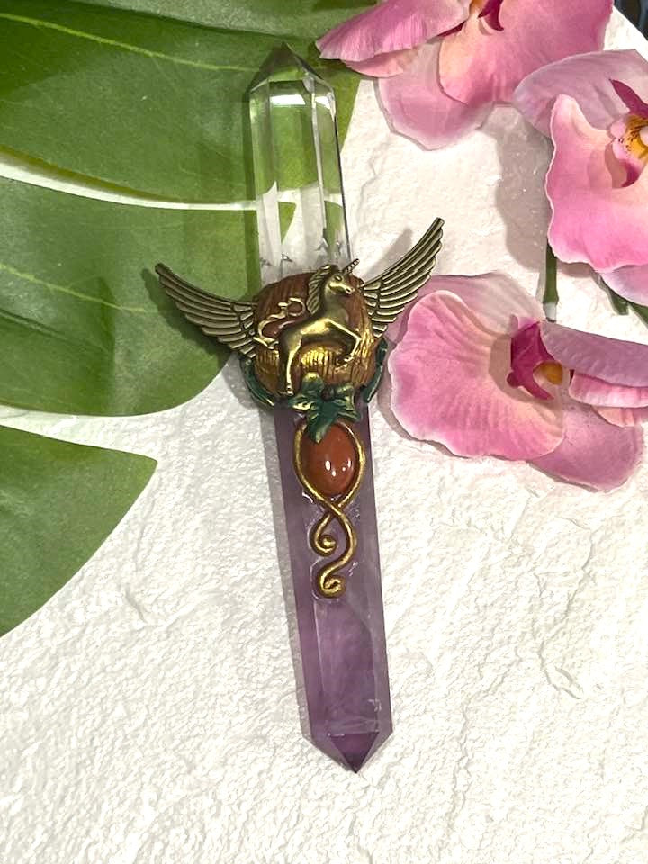 Purple Fluorite and Clear Quartz Winged Unicorn Wand 7.5"
