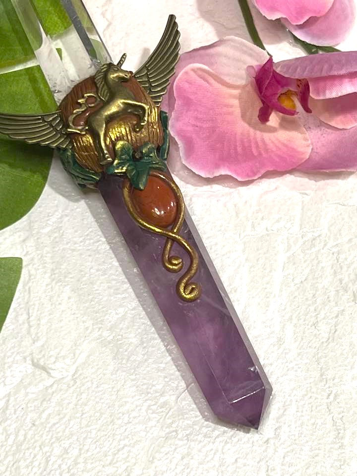 Purple Fluorite and Clear Quartz Winged Unicorn Wand 7.5"