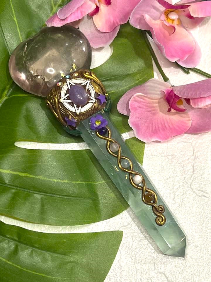 Smokey Quartz Heart and Flourite Pentagram Wand