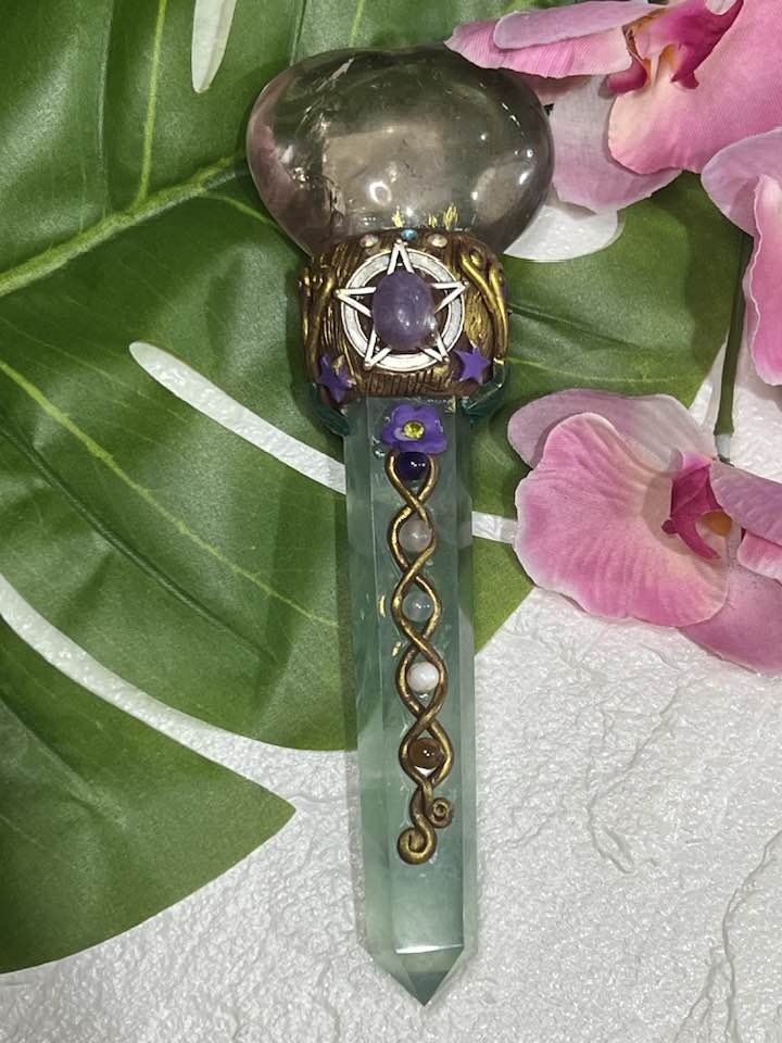 Smokey Quartz Heart and Flourite Pentagram Wand
