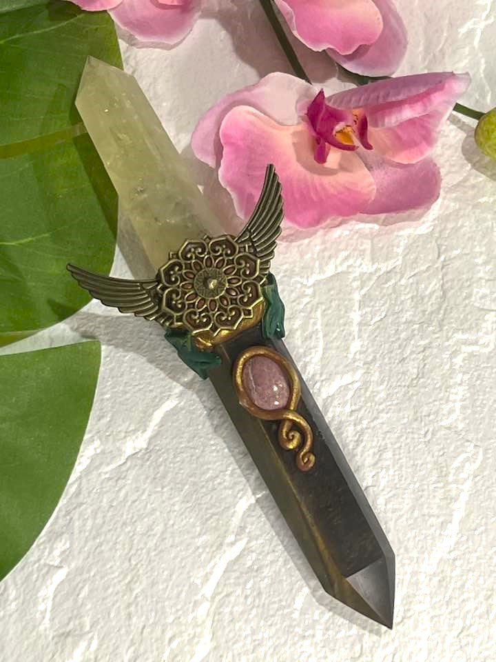 Yellow Citrine and Tiger's Eye Winged Mandala Wand 8"