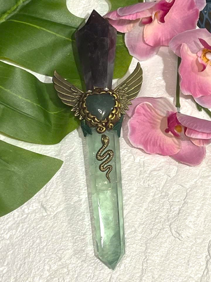 Amethyst, Fluorite and Aventurine Winged Heart Wand