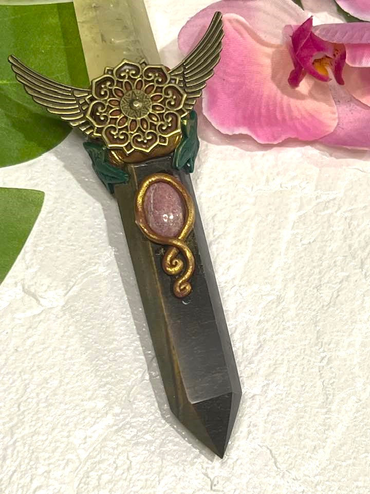 Yellow Citrine and Tiger's Eye Winged Mandala Wand 8"