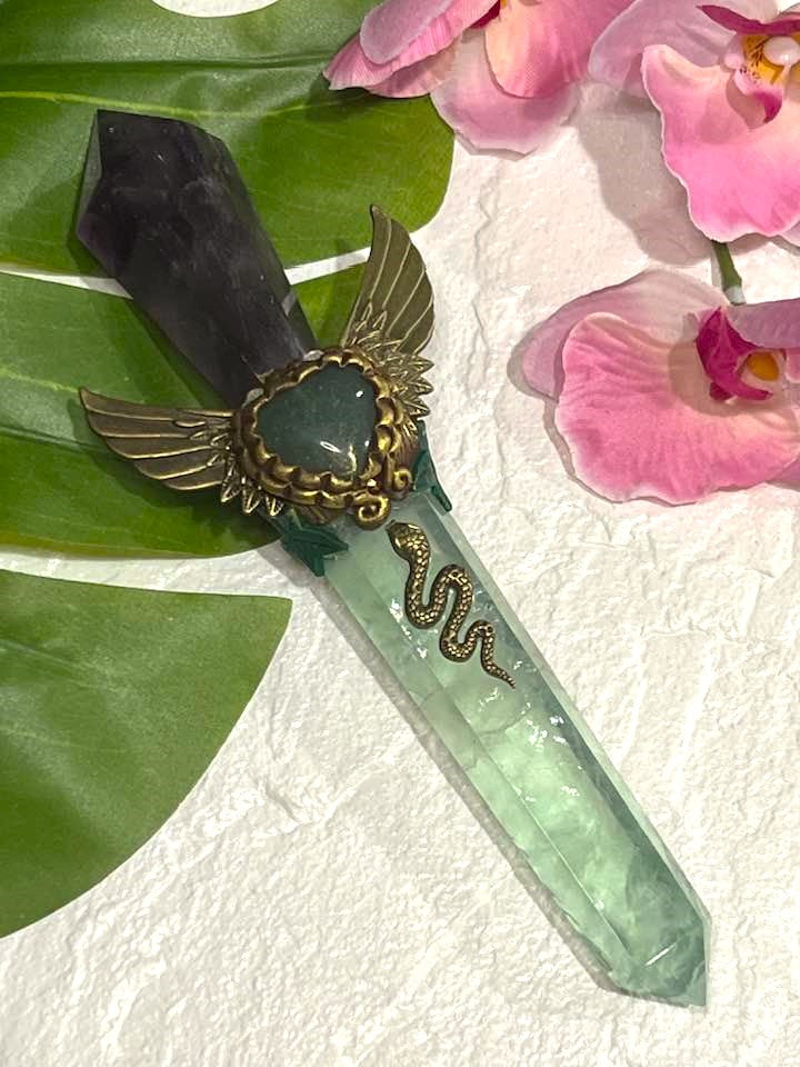 Amethyst, Fluorite and Aventurine Winged Heart Wand