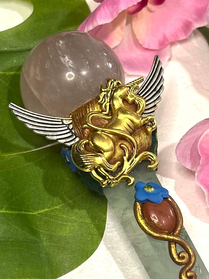 Rose Quartz and Fluorite Winged Unicorn Wand