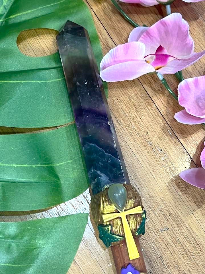 Rainbow Fluorite Ankh Wand 11"