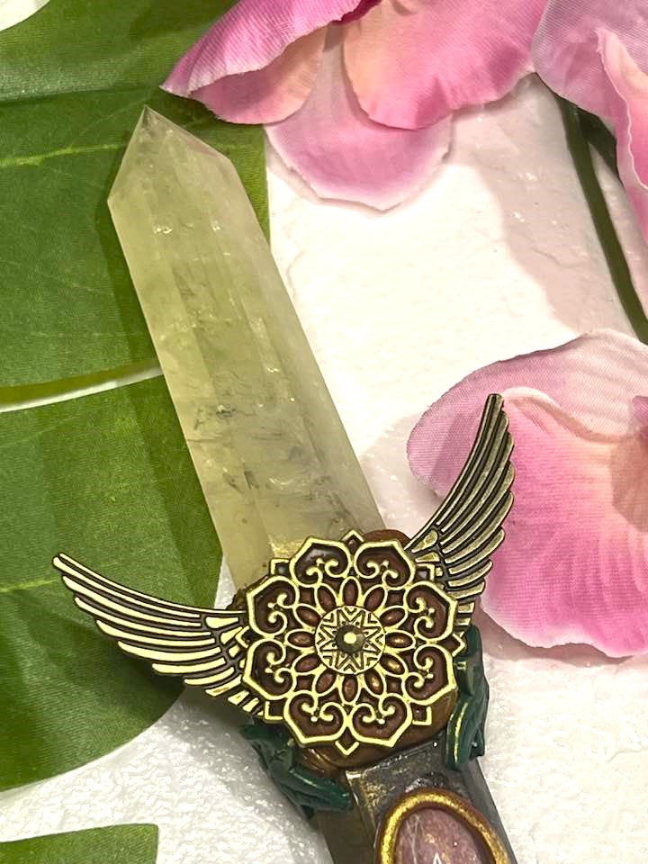 Yellow Citrine and Tiger's Eye Winged Mandala Wand 8"