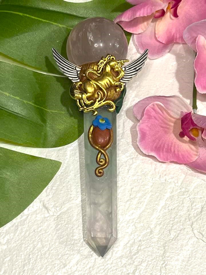 Rose Quartz and Fluorite Winged Unicorn Wand