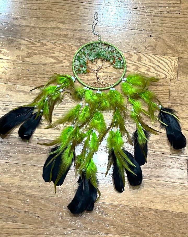 Tree of Life Green Dreamcatcher with Green Quartz and Carnelian