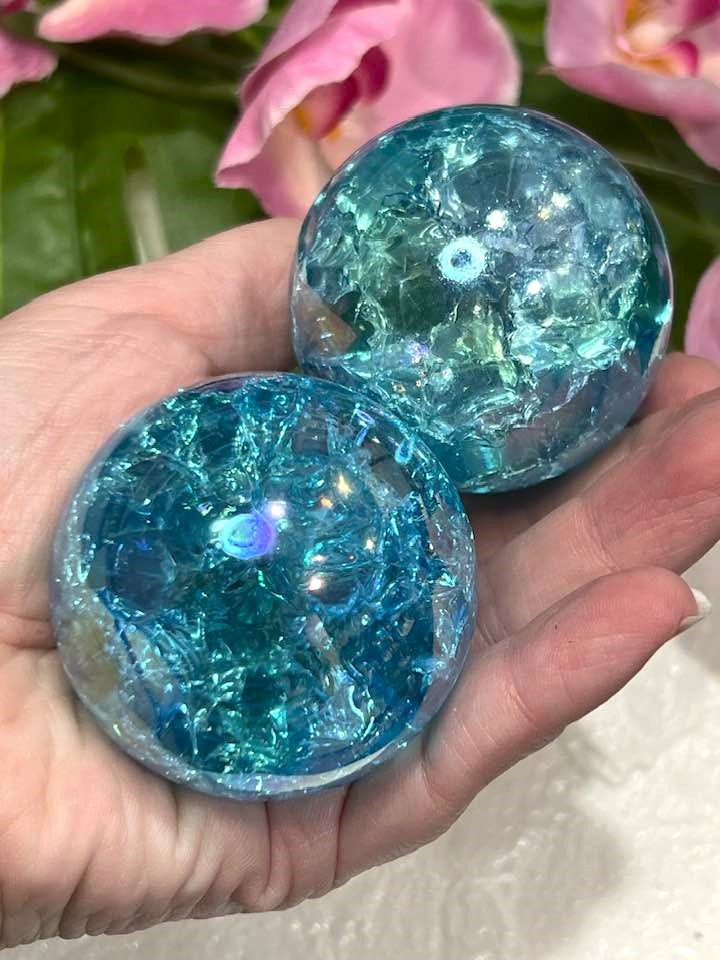 Blue Aqua Aura Fire & Ice Quartz Sphere 2"