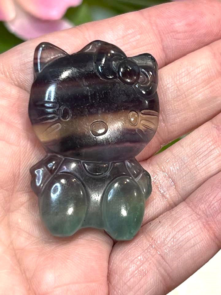 Hello Kitty Carving in Rainbow Fluorite or Labradorite