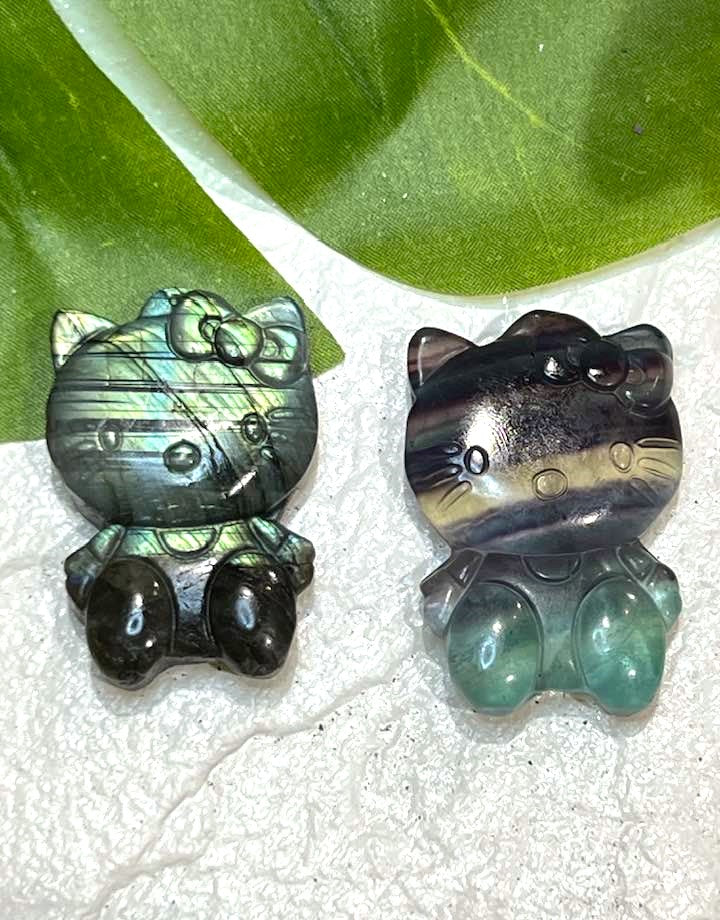 Hello Kitty Carving in Rainbow Fluorite or Labradorite