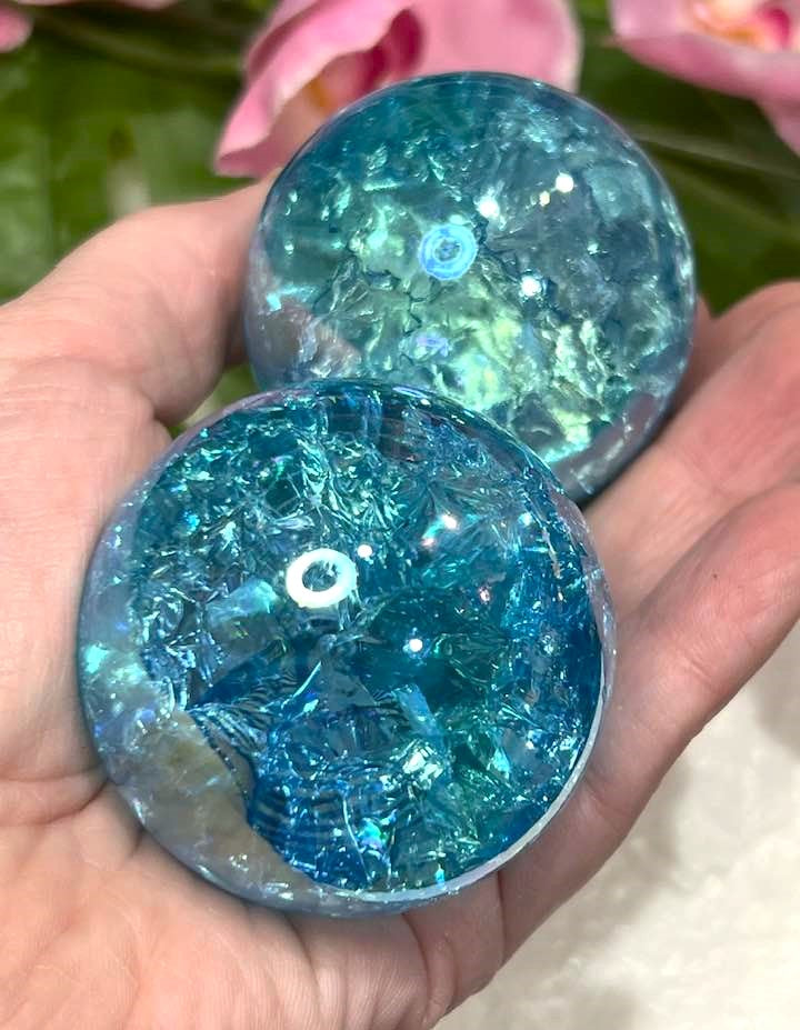 Blue Aqua Aura Fire & Ice Quartz Sphere 2"