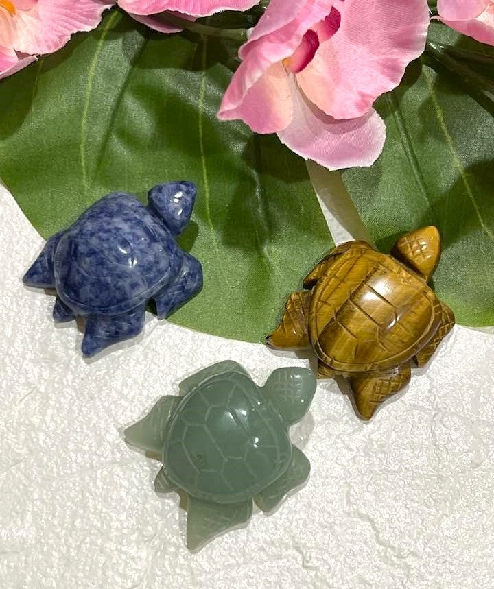 Turtle Carvings in Aventurine, Blue Jasper and Tiger's Eye