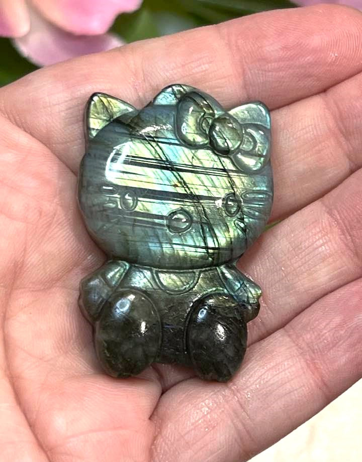 Hello Kitty Carving in Rainbow Fluorite or Labradorite