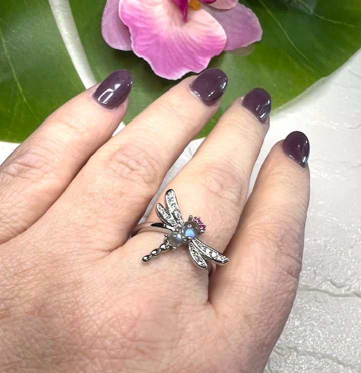 Adjustable Labradorite Dragonfly Ring