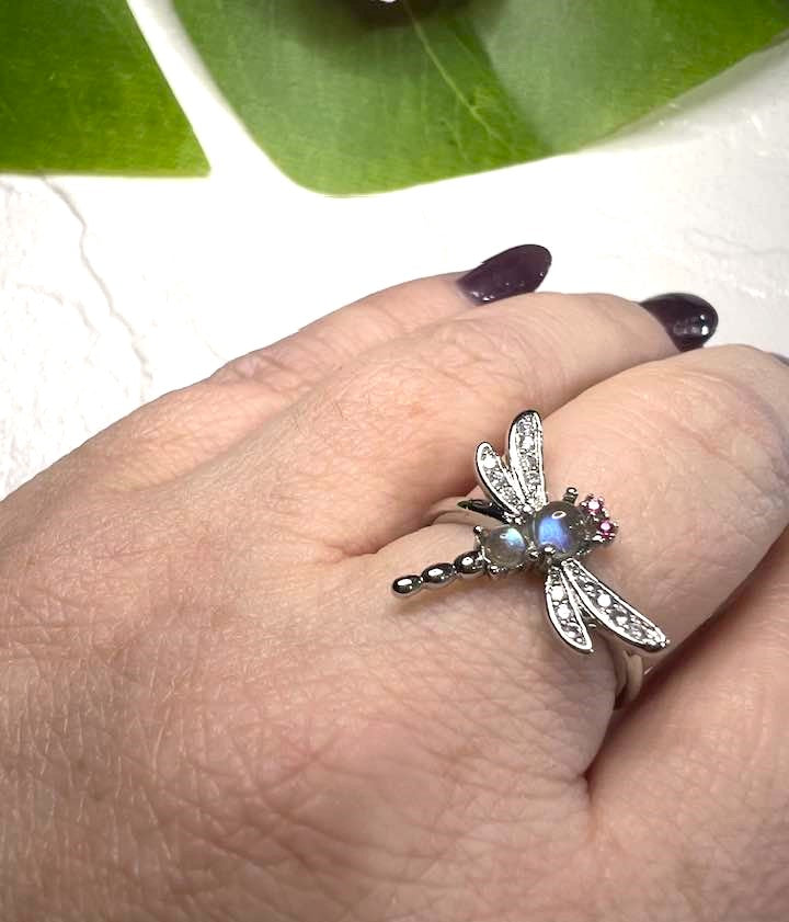 Adjustable Labradorite Dragonfly Ring
