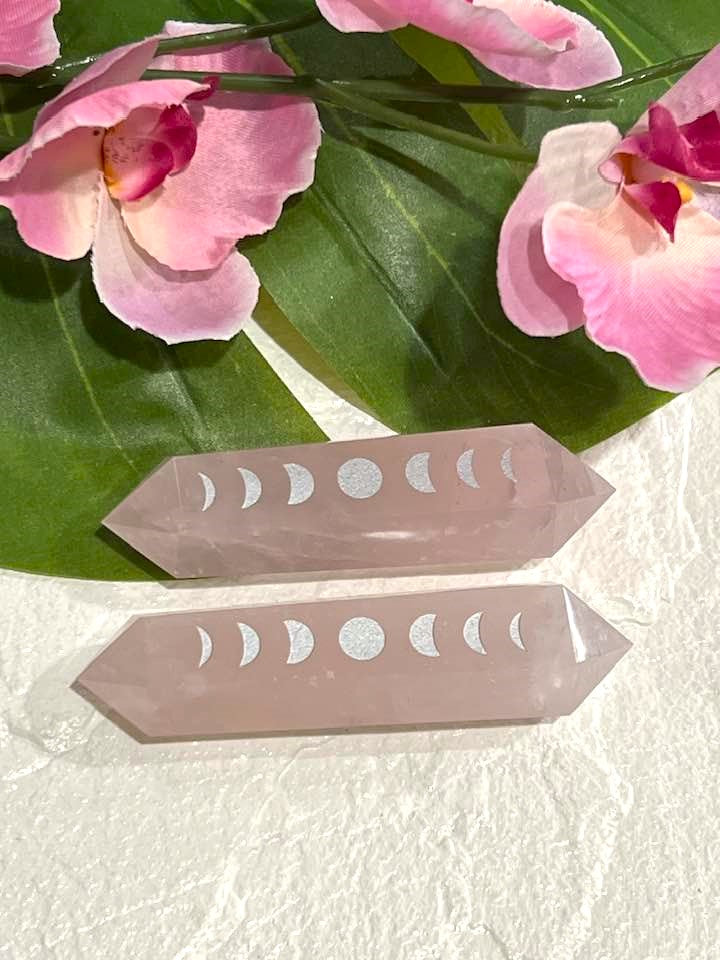 Rose Quartz Double Terminated Wand with Silver Moon Phases