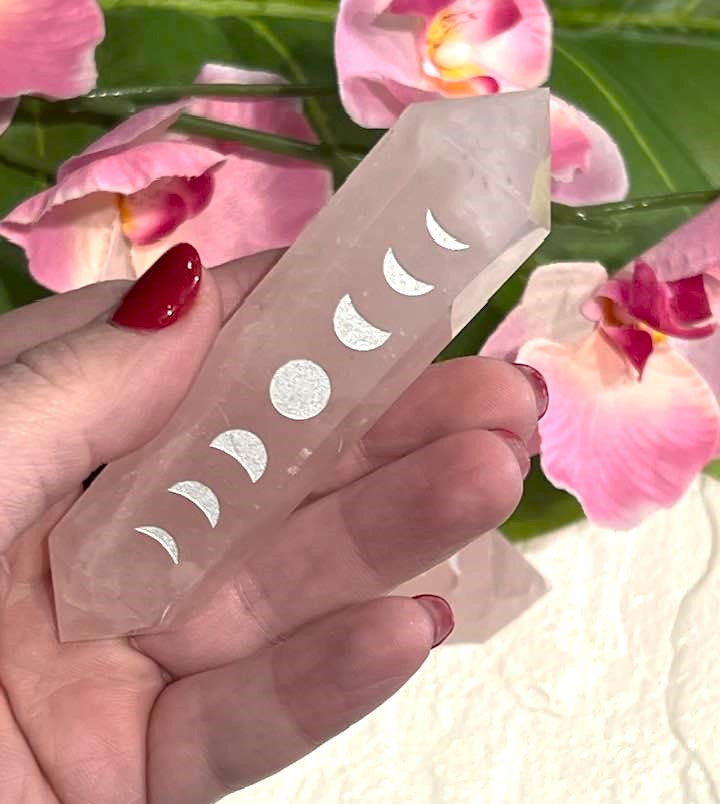 Rose Quartz Double Terminated Wand with Silver Moon Phases