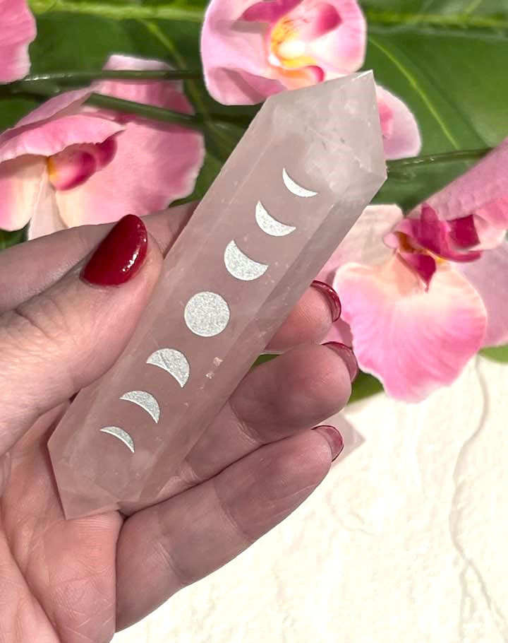 Rose Quartz Double Terminated Wand with Silver Moon Phases