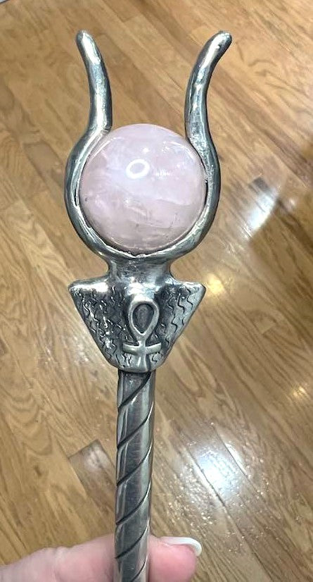 Hathor Lotus Ankh Wand in Lapis, Clear Quartz or Rose Quartz 10.5"