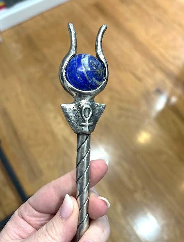 Hathor Lotus Ankh Wand in Lapis, Clear Quartz or Rose Quartz 10.5"