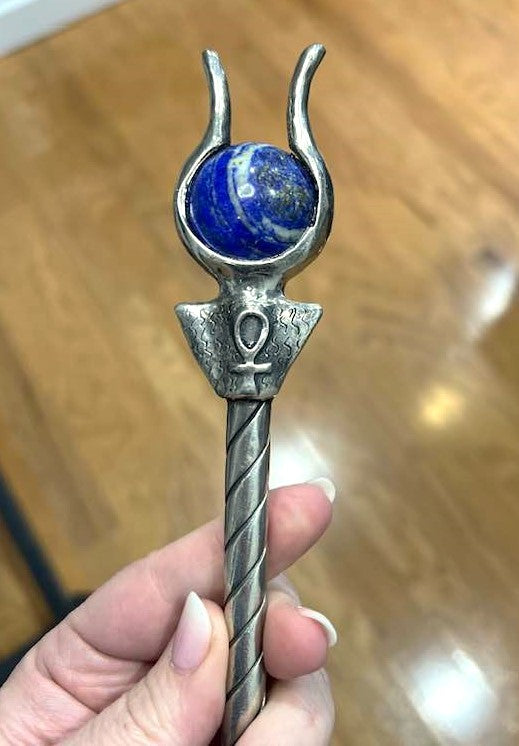Hathor Lotus Ankh Wand in Lapis, Clear Quartz or Rose Quartz 10.5"