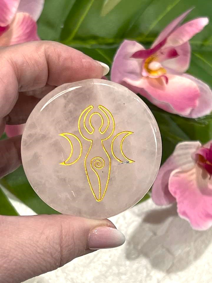 Rose Quartz Palm Stone with Triple Moon Goddess or Pentagram