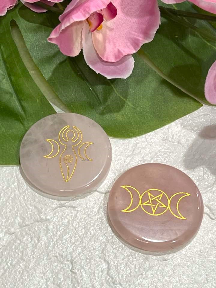 Rose Quartz Palm Stone with Triple Moon Goddess or Pentagram