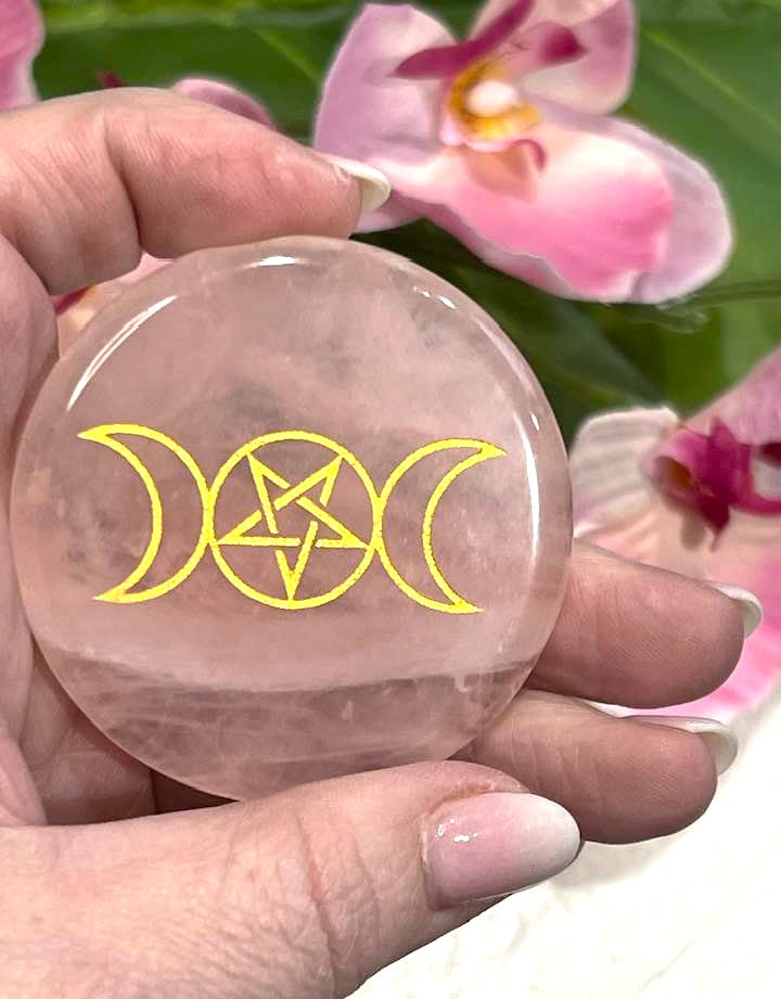 Rose Quartz Palm Stone with Triple Moon Goddess or Pentagram