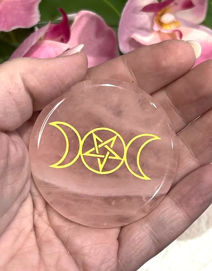 Rose Quartz Palm Stone with Triple Moon Goddess or Pentagram