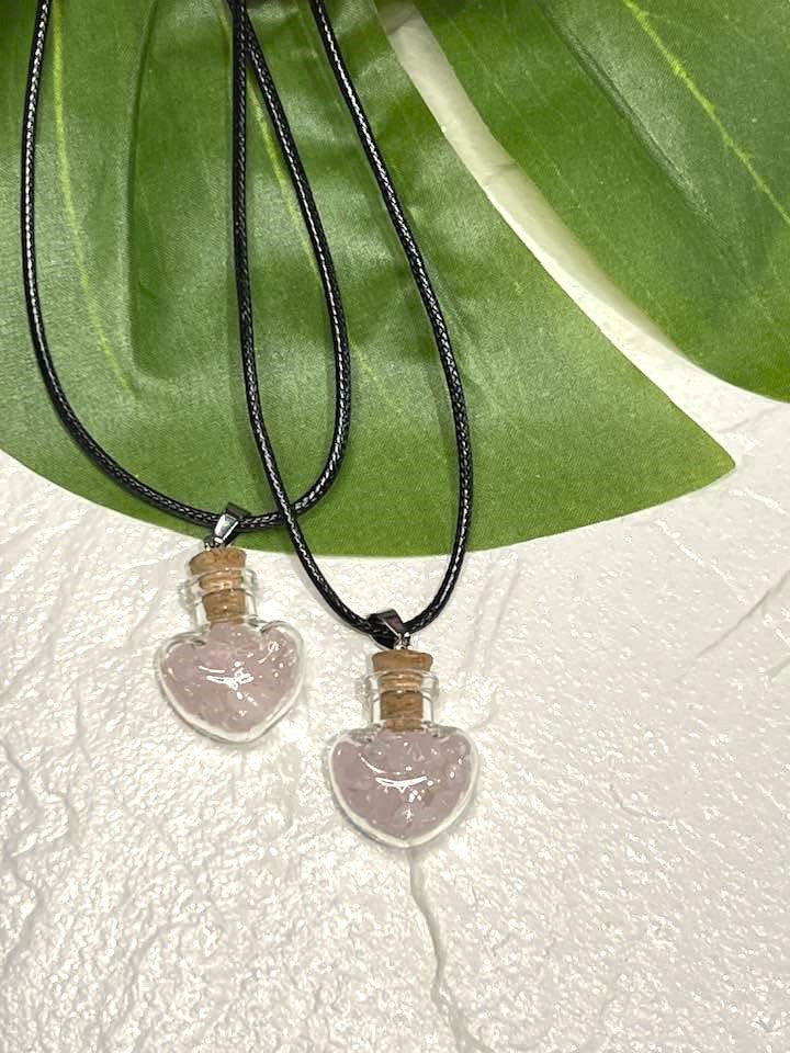 Rose Quartz Chip Heart Bottle Necklace