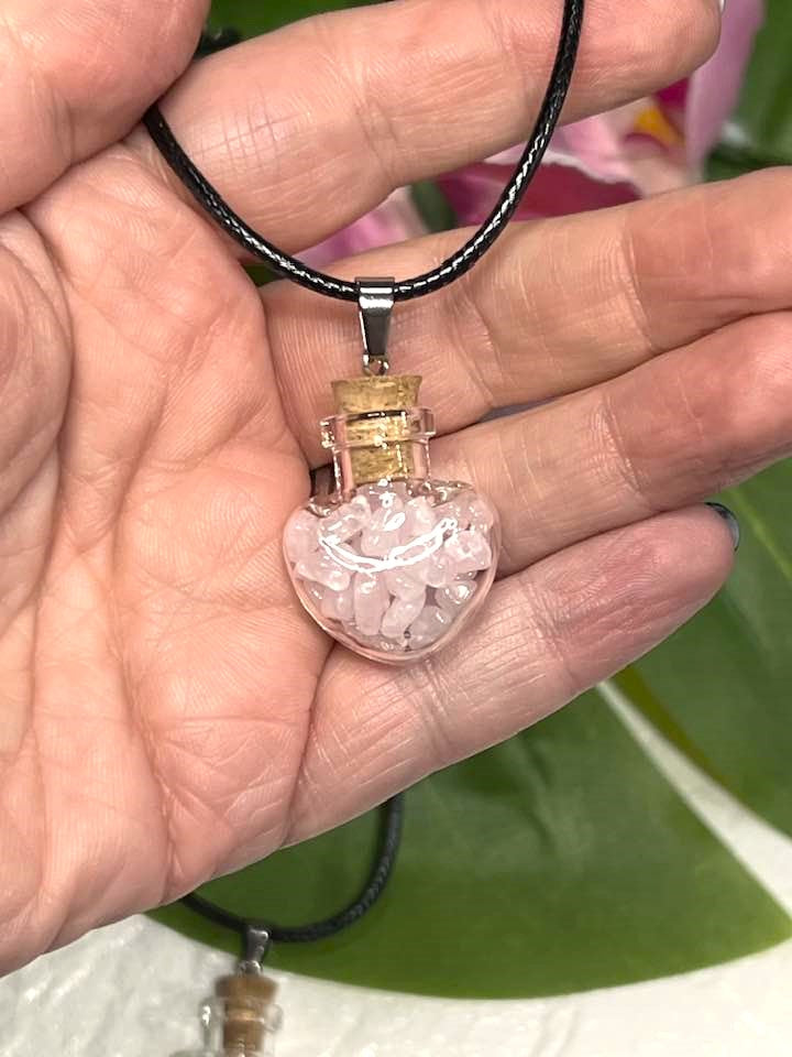 Rose Quartz Chip Heart Bottle Necklace