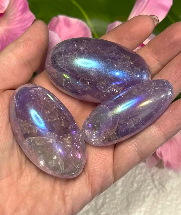 Aqua Aura Amethyst Palm Stone for Joyful Spiritual Connection