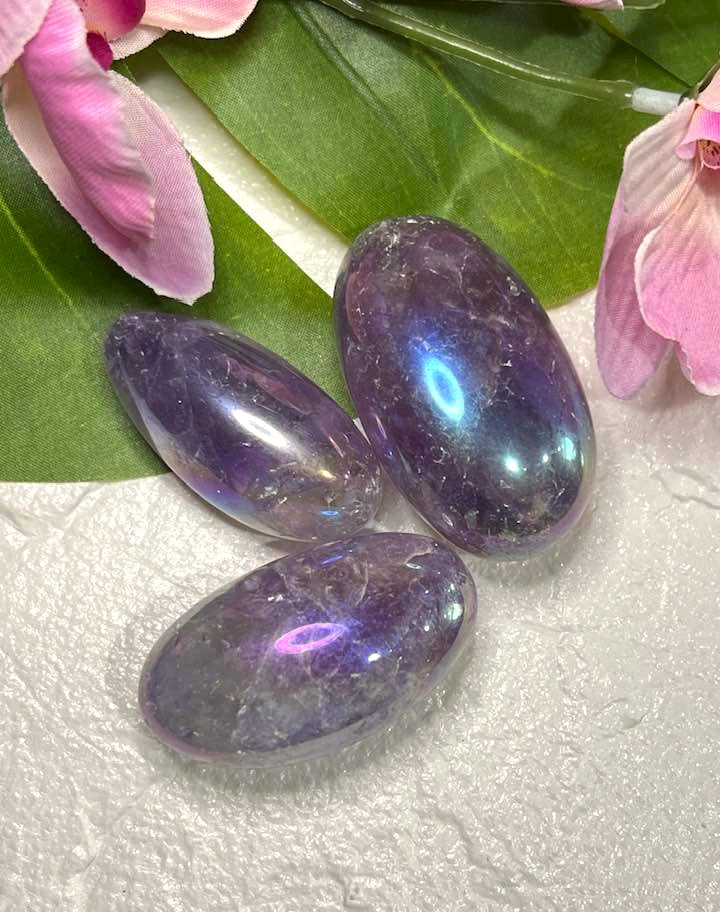 Aqua Aura Amethyst Palm Stone for Joyful Spiritual Connection