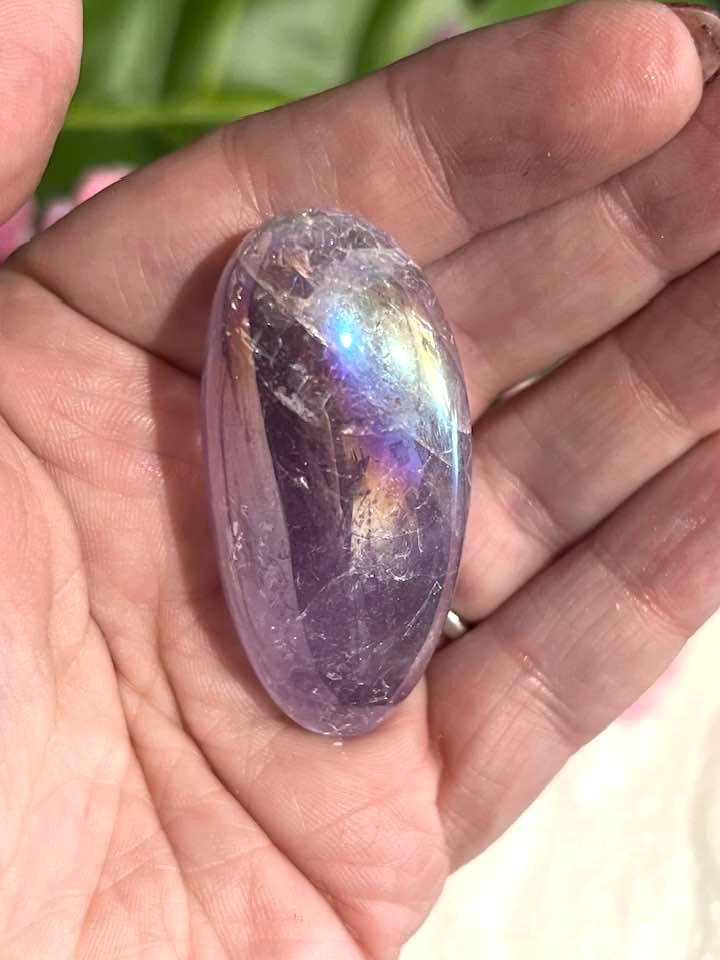 Aqua Aura Amethyst Palm Stone for Joyful Spiritual Connection
