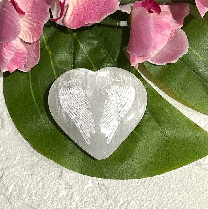 White Selenite Heart with Angel Wings