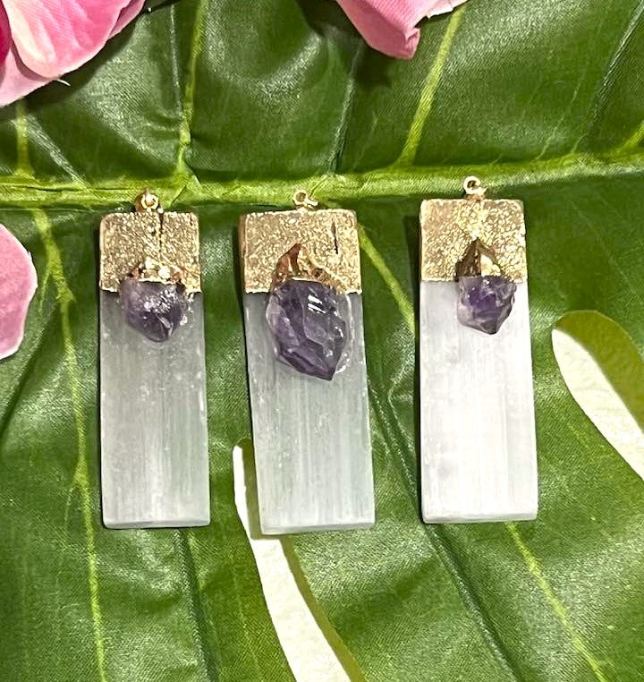 White Selenite Pendant with Citrine or Amethyst