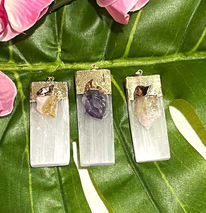 White Selenite Pendant with Citrine or Amethyst