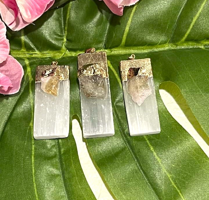 White Selenite Pendant with Citrine or Amethyst