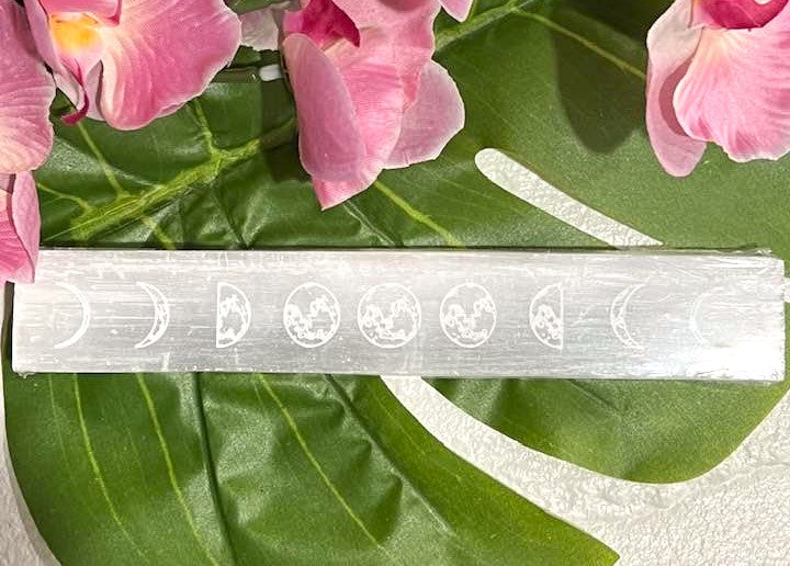 White Selenite Wand with Moon Phases