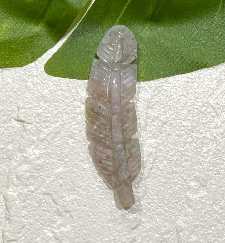 Feather Carving in Yellow Calcite, Flluorite, Lepidolite, Cherry Blossom Agate, Moss Agate or Aventurine.
