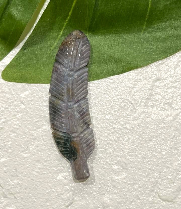 Feather Carving in Yellow Calcite, Flluorite, Lepidolite, Cherry Blossom Agate, Moss Agate or Aventurine.